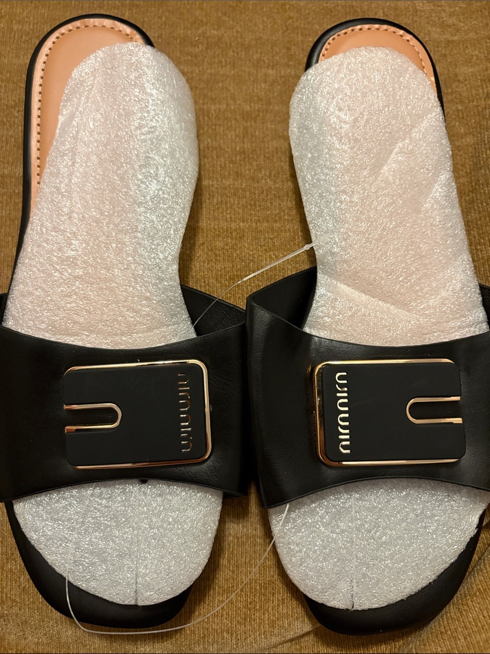Black Slide Sandals with Gold Buckle - Women
